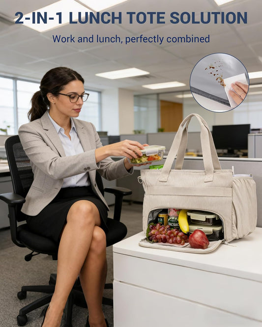 Corduroy Tote Bag for Women with Insulated Lunch Bag Compartment, 12 Pockets Large Work Bag, 15.6 inch Laptop Shoulder Bag