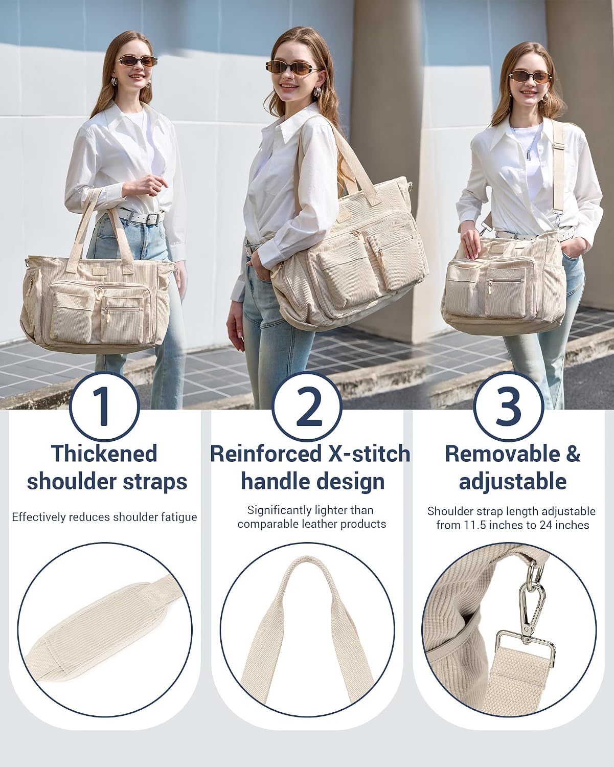 Corduroy Tote Bag for Women with Insulated Lunch Bag Compartment, 12 Pockets Large Work Bag, 15.6 inch Laptop Shoulder Bag