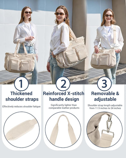 Corduroy Tote Bag for Women with Insulated Lunch Bag Compartment, 12 Pockets Large Work Bag, 15.6 inch Laptop Shoulder Bag