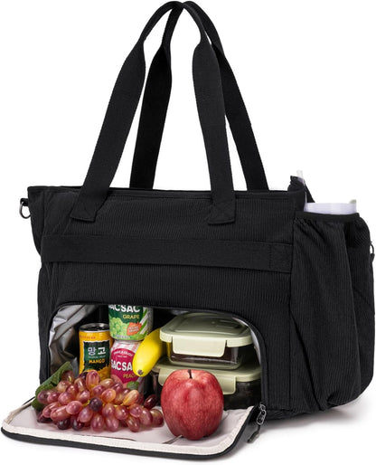 Corduroy Tote Bag for Women with Insulated Lunch Bag Compartment, 12 Pockets Large Work Bag, 15.6 inch Laptop Shoulder Bag