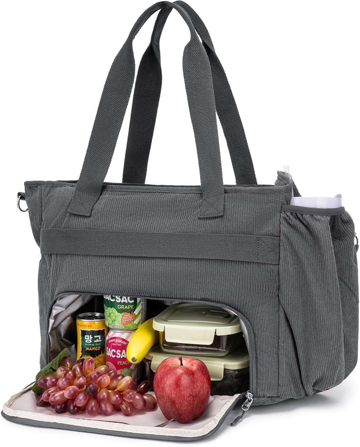 Corduroy Tote Bag for Women with Insulated Lunch Bag Compartment, 12 Pockets Large Work Bag, 15.6 inch Laptop Shoulder Bag