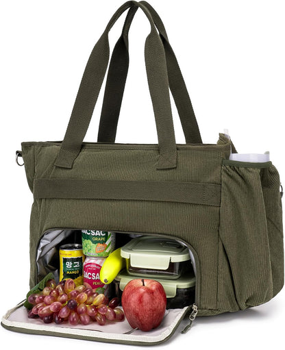 Corduroy Tote Bag for Women with Insulated Lunch Bag Compartment, 12 Pockets Large Work Bag, 15.6 inch Laptop Shoulder Bag