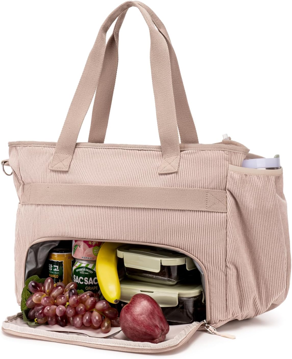 Corduroy Tote Bag for Women with Insulated Lunch Bag Compartment, 12 Pockets Large Work Bag, 15.6 inch Laptop Shoulder Bag
