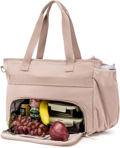 Corduroy Tote Bag for Women with Insulated Lunch Bag Compartment, 12 Pockets Large Work Bag, 15.6 inch Laptop Shoulder Bag