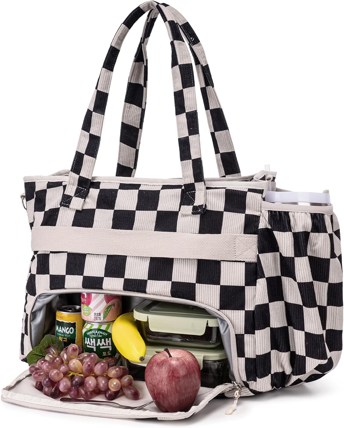 Corduroy Tote Bag for Women with Insulated Lunch Bag Compartment, 12 Pockets Large Work Bag, 15.6 inch Laptop Shoulder Bag