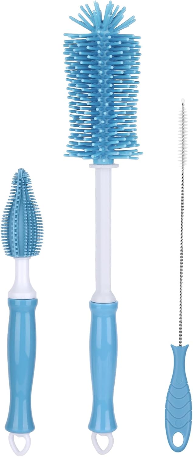 3 in 1 Silicone Bottle Brush Set, Baby Bottle Cleaning Kit with Nipple Brush & Straw Cleaner, BPA-Free Food-Grade Dishwasher Safe Travel Bottle Brush for Baby Bottles, Sippy Cups