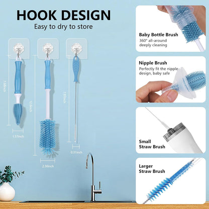 3 in 1 Silicone Bottle Brush Set, Baby Bottle Cleaning Kit with Nipple Brush & Straw Cleaner, BPA-Free Food-Grade Dishwasher Safe Travel Bottle Brush for Baby Bottles, Sippy Cups