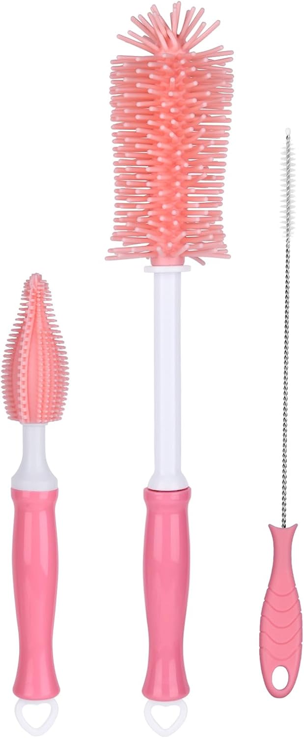 3 in 1 Silicone Bottle Brush Set, Baby Bottle Cleaning Kit with Nipple Brush & Straw Cleaner, BPA-Free Food-Grade Dishwasher Safe Travel Bottle Brush for Baby Bottles, Sippy Cups