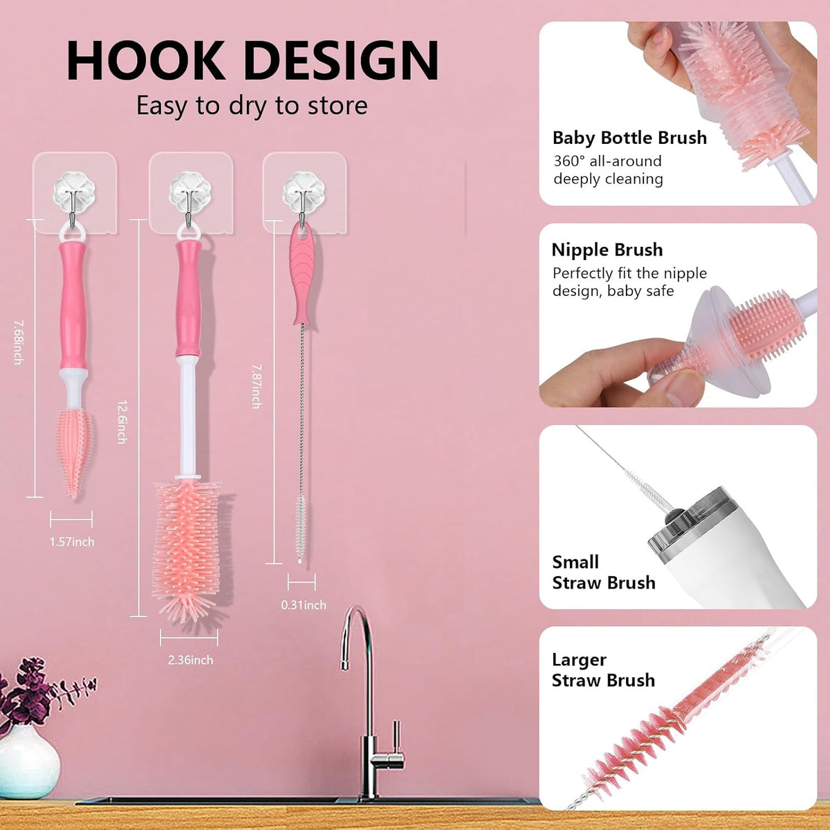 3 in 1 Silicone Bottle Brush Set, Baby Bottle Cleaning Kit with Nipple Brush & Straw Cleaner, BPA-Free Food-Grade Dishwasher Safe Travel Bottle Brush for Baby Bottles, Sippy Cups