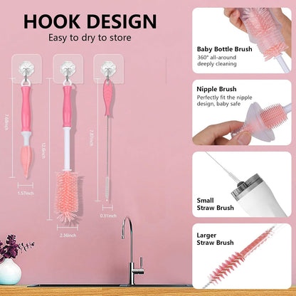 3 in 1 Silicone Bottle Brush Set, Baby Bottle Cleaning Kit with Nipple Brush & Straw Cleaner, BPA-Free Food-Grade Dishwasher Safe Travel Bottle Brush for Baby Bottles, Sippy Cups