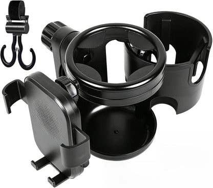3-in-1 Stroller Cup Holder with Double Hooks, with Phone Stand, Folding Into A Single Cup Holder, Suitable for Wheelchairs, Strollers, Bicycles, Walkers, Scooter