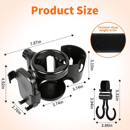 3-in-1 Stroller Cup Holder with Double Hooks, with Phone Stand, Folding Into A Single Cup Holder, Suitable for Wheelchairs, Strollers, Bicycles, Walkers, Scooter