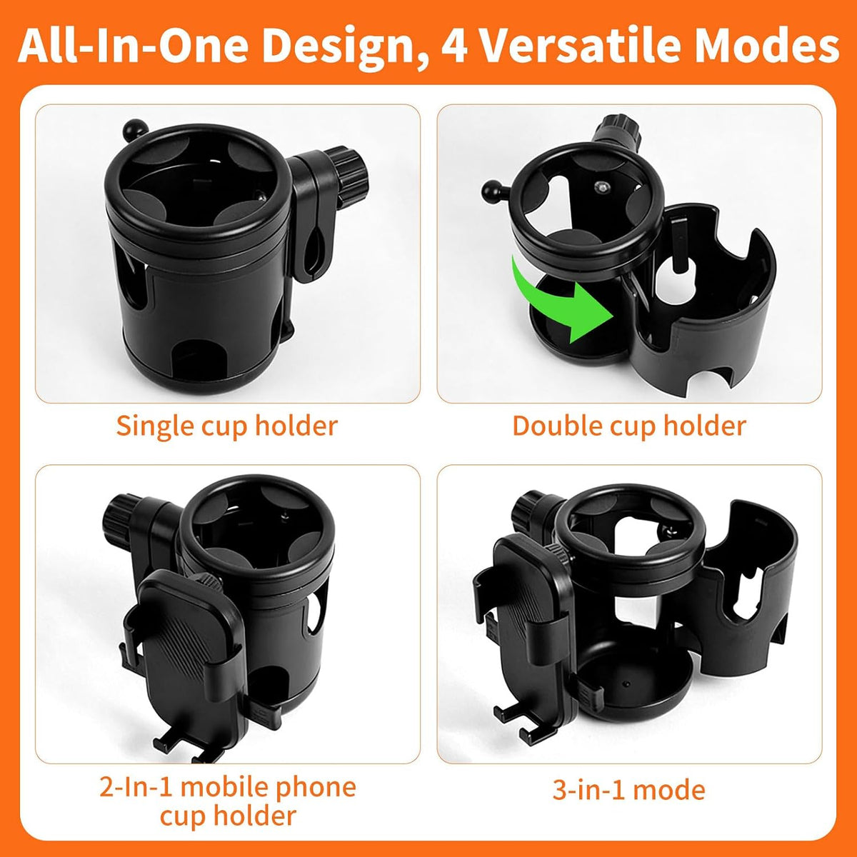 3-in-1 Stroller Cup Holder with Double Hooks, with Phone Stand, Folding Into A Single Cup Holder, Suitable for Wheelchairs, Strollers, Bicycles, Walkers, Scooter