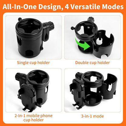 3-in-1 Stroller Cup Holder with Double Hooks, with Phone Stand, Folding Into A Single Cup Holder, Suitable for Wheelchairs, Strollers, Bicycles, Walkers, Scooter