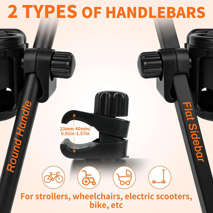 3-in-1 Stroller Cup Holder with Double Hooks, with Phone Stand, Folding Into A Single Cup Holder, Suitable for Wheelchairs, Strollers, Bicycles, Walkers, Scooter