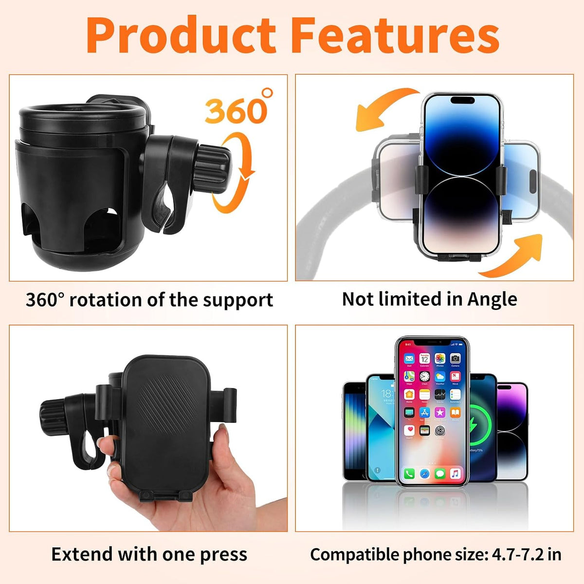 3-in-1 Stroller Cup Holder with Double Hooks, with Phone Stand, Folding Into A Single Cup Holder, Suitable for Wheelchairs, Strollers, Bicycles, Walkers, Scooter