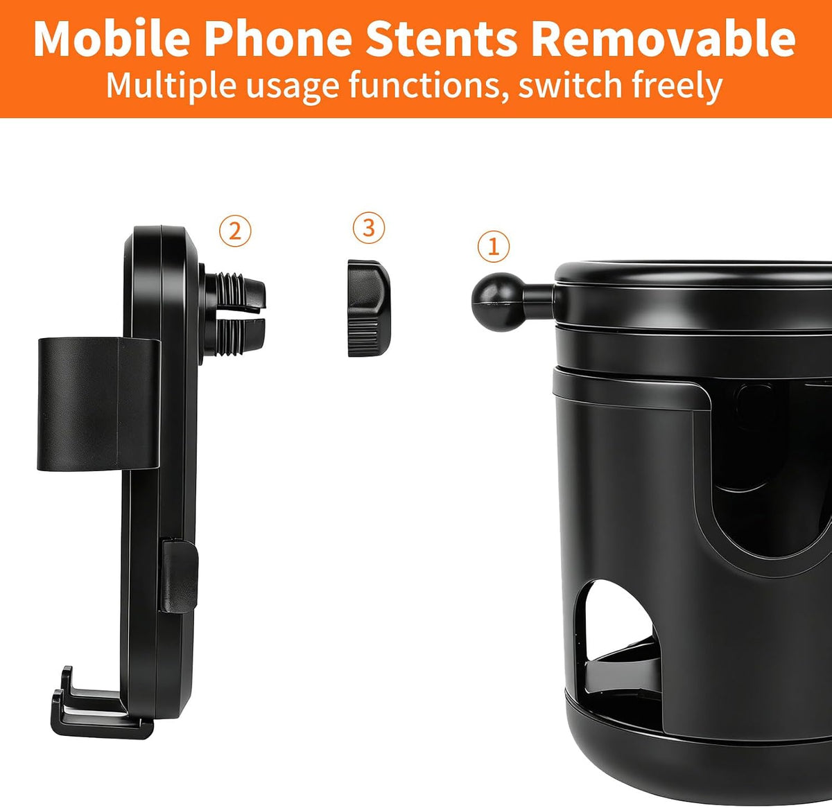 3-in-1 Stroller Cup Holder with Double Hooks, with Phone Stand, Folding Into A Single Cup Holder, Suitable for Wheelchairs, Strollers, Bicycles, Walkers, Scooter