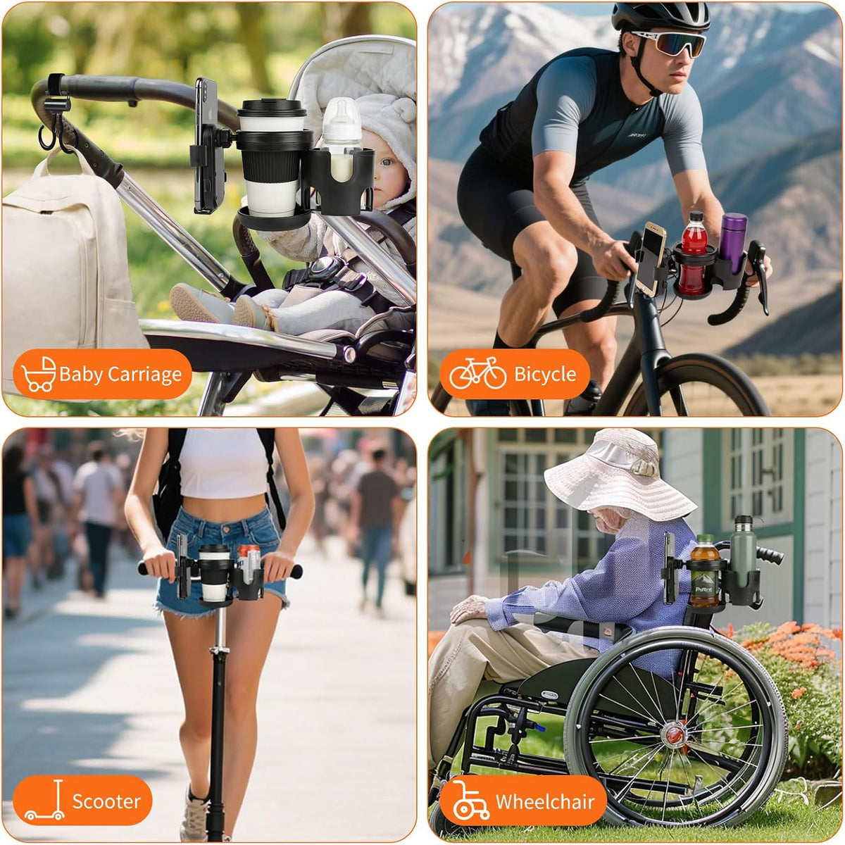 3-in-1 Stroller Cup Holder with Double Hooks, with Phone Stand, Folding Into A Single Cup Holder, Suitable for Wheelchairs, Strollers, Bicycles, Walkers, Scooter