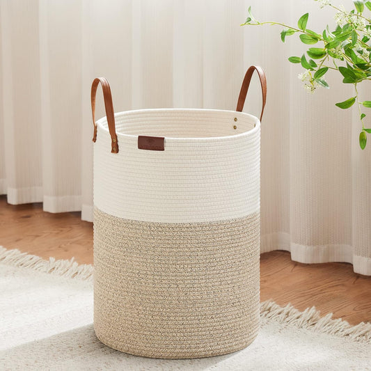 Tall Laundry Basket, Large Dirty Clothes Hamper with Leather Handle, Woven Rope Storage Basket for Blanket, Toy In Living Room, Bathroom, Bedroom - 58L White & Brown