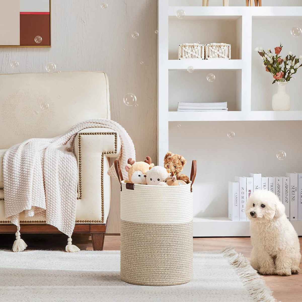 Tall Laundry Basket, Large Dirty Clothes Hamper with Leather Handle, Woven Rope Storage Basket for Blanket, Toy In Living Room, Bathroom, Bedroom - 58L White & Brown