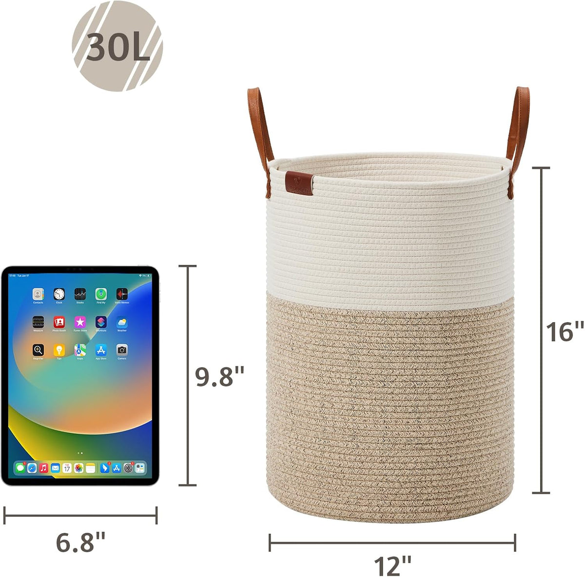 Tall Laundry Basket, Large Dirty Clothes Hamper with Leather Handle, Woven Rope Storage Basket for Blanket, Toy In Living Room, Bathroom, Bedroom - 58L White & Brown