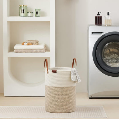 Tall Laundry Basket, Large Dirty Clothes Hamper with Leather Handle, Woven Rope Storage Basket for Blanket, Toy In Living Room, Bathroom, Bedroom - 58L White & Brown