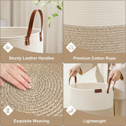 Tall Laundry Basket, Large Dirty Clothes Hamper with Leather Handle, Woven Rope Storage Basket for Blanket, Toy In Living Room, Bathroom, Bedroom - 58L White & Brown