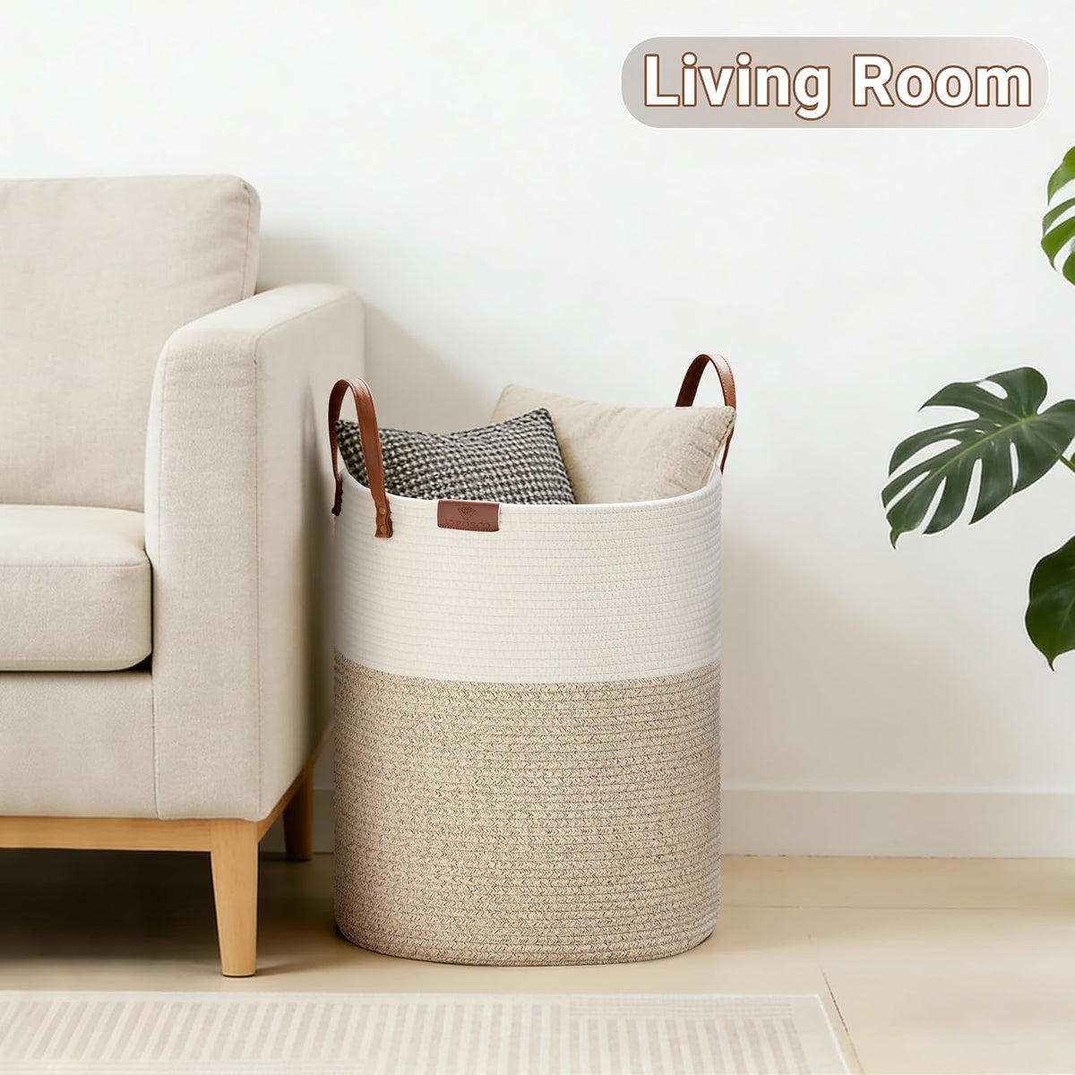 Tall Laundry Basket, Large Dirty Clothes Hamper with Leather Handle, Woven Rope Storage Basket for Blanket, Toy In Living Room, Bathroom, Bedroom - 58L White & Brown