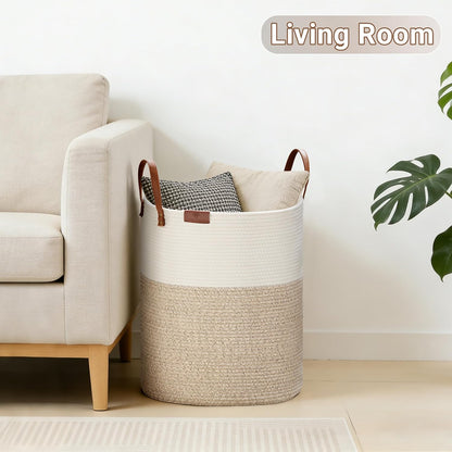 Tall Laundry Basket, Large Dirty Clothes Hamper with Leather Handle, Woven Rope Storage Basket for Blanket, Toy In Living Room, Bathroom, Bedroom - 58L White & Brown