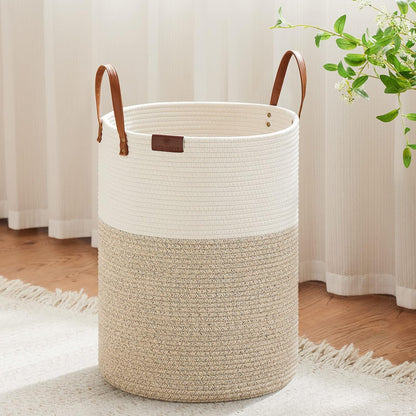 Tall Laundry Basket, Large Dirty Clothes Hamper with Leather Handle, Woven Rope Storage Basket for Blanket, Toy In Living Room, Bathroom, Bedroom - 58L White & Brown