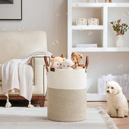 Tall Laundry Basket, Large Dirty Clothes Hamper with Leather Handle, Woven Rope Storage Basket for Blanket, Toy In Living Room, Bathroom, Bedroom - 58L White & Brown