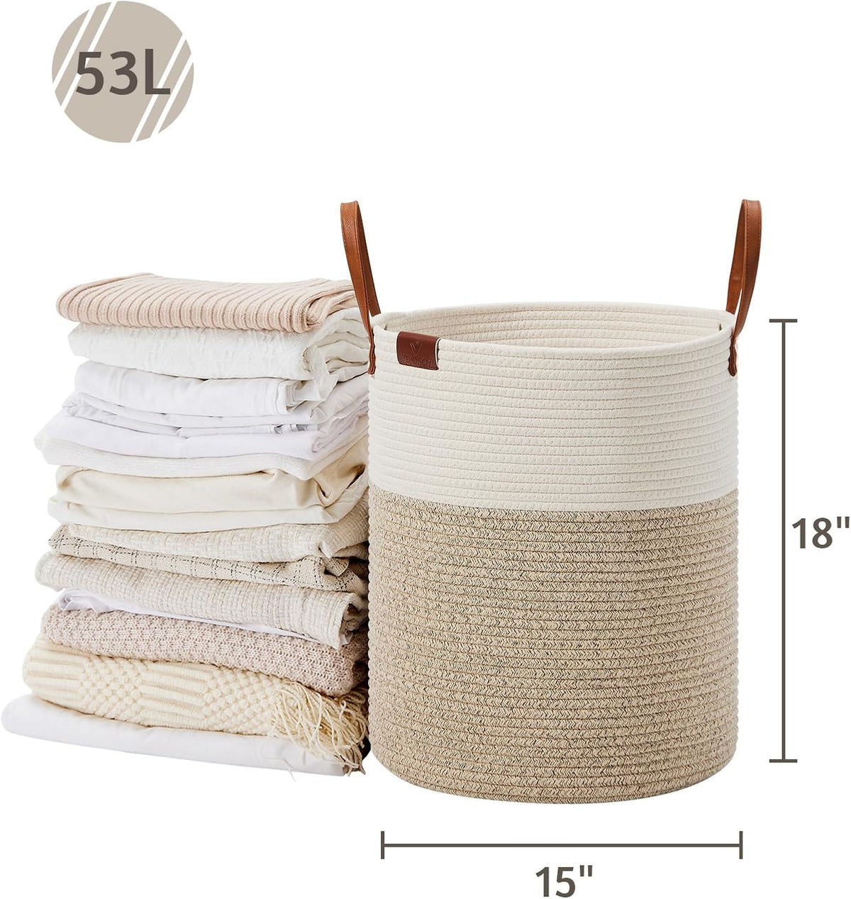 Tall Laundry Basket, Large Dirty Clothes Hamper with Leather Handle, Woven Rope Storage Basket for Blanket, Toy In Living Room, Bathroom, Bedroom - 58L White & Brown