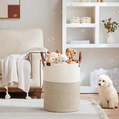 Tall Laundry Basket, Large Dirty Clothes Hamper with Leather Handle, Woven Rope Storage Basket for Blanket, Toy In Living Room, Bathroom, Bedroom - 58L White & Brown