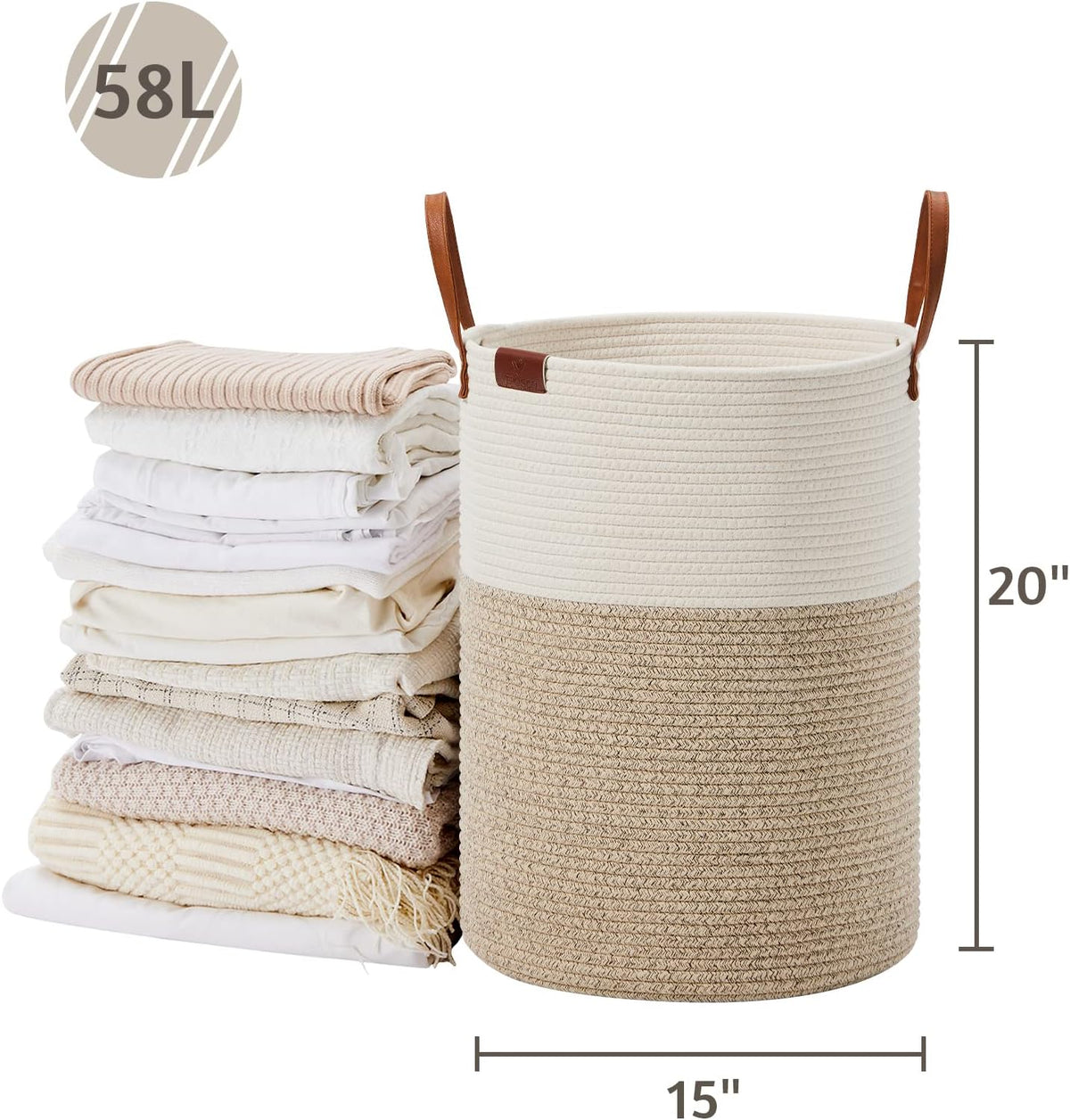 Tall Laundry Basket, Large Dirty Clothes Hamper with Leather Handle, Woven Rope Storage Basket for Blanket, Toy In Living Room, Bathroom, Bedroom - 58L White & Brown