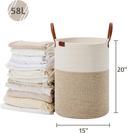 Tall Laundry Basket, Large Dirty Clothes Hamper with Leather Handle, Woven Rope Storage Basket for Blanket, Toy In Living Room, Bathroom, Bedroom - 58L White & Brown