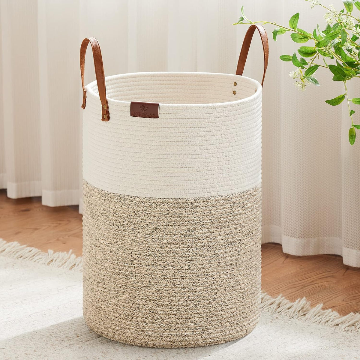 Tall Laundry Basket, Large Dirty Clothes Hamper with Leather Handle, Woven Rope Storage Basket for Blanket, Toy In Living Room, Bathroom, Bedroom - 58L White & Brown