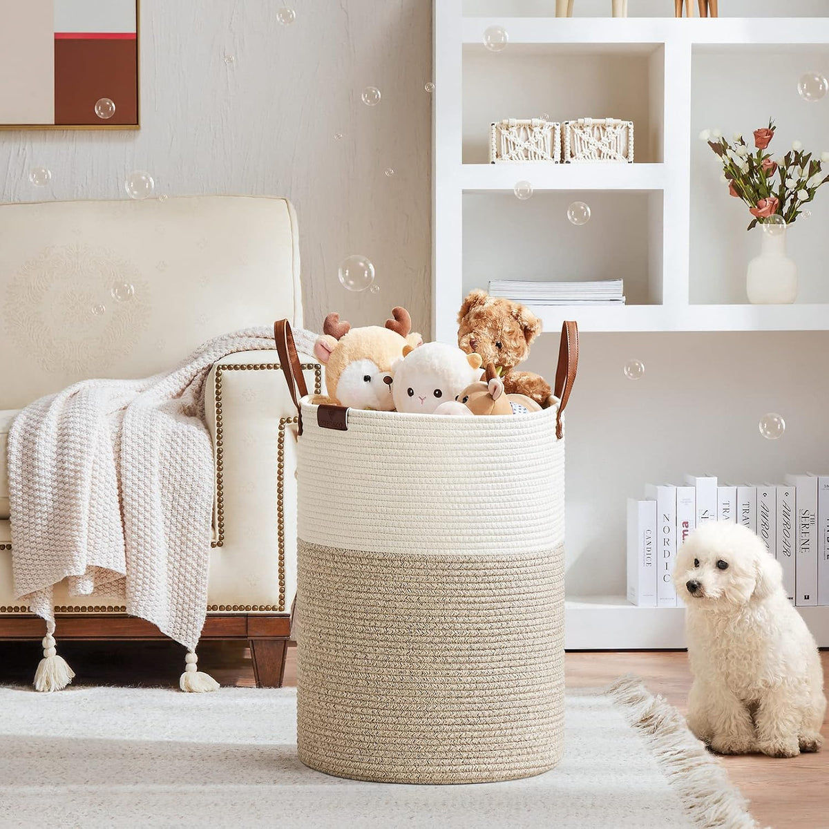 Tall Laundry Basket, Large Dirty Clothes Hamper with Leather Handle, Woven Rope Storage Basket for Blanket, Toy In Living Room, Bathroom, Bedroom - 58L White & Brown