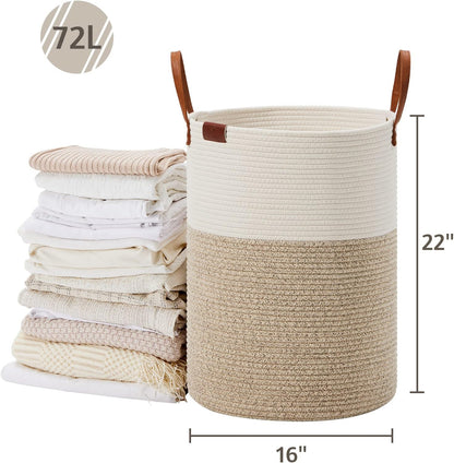 Tall Laundry Basket, Large Dirty Clothes Hamper with Leather Handle, Woven Rope Storage Basket for Blanket, Toy In Living Room, Bathroom, Bedroom - 58L White & Brown