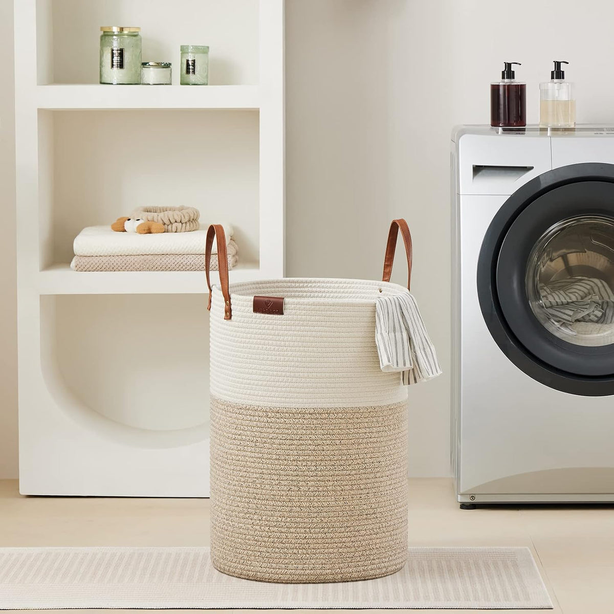 Tall Laundry Basket, Large Dirty Clothes Hamper with Leather Handle, Woven Rope Storage Basket for Blanket, Toy In Living Room, Bathroom, Bedroom - 58L White & Brown