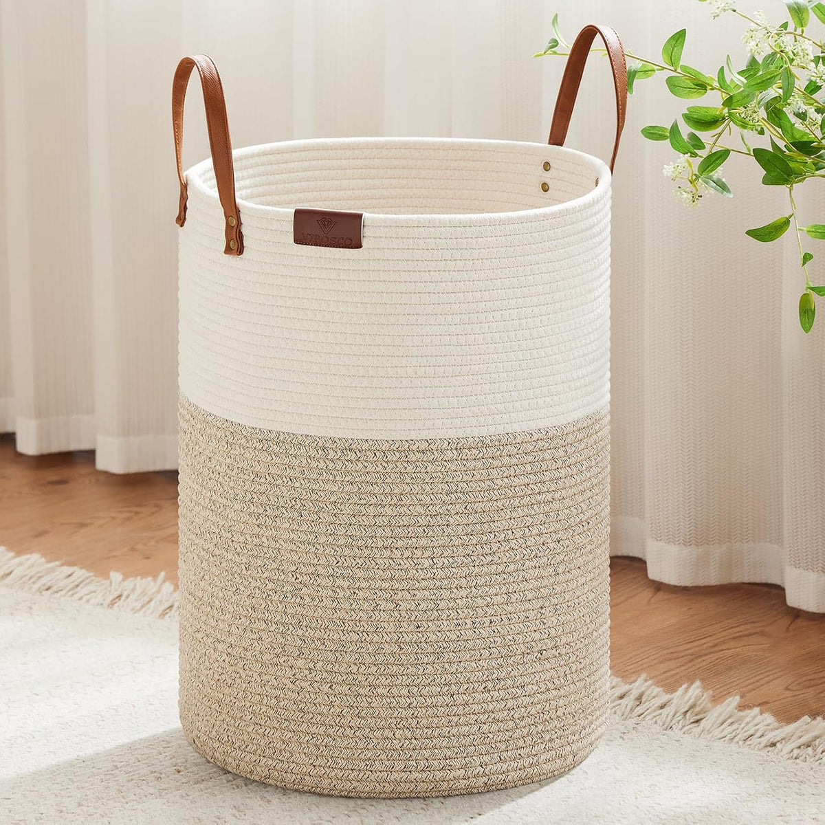 Tall Laundry Basket, Large Dirty Clothes Hamper with Leather Handle, Woven Rope Storage Basket for Blanket, Toy In Living Room, Bathroom, Bedroom - 58L White & Brown