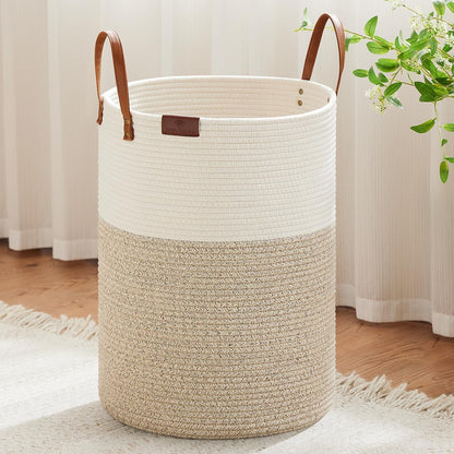 Tall Laundry Basket, Large Dirty Clothes Hamper with Leather Handle, Woven Rope Storage Basket for Blanket, Toy In Living Room, Bathroom, Bedroom - 58L White & Brown