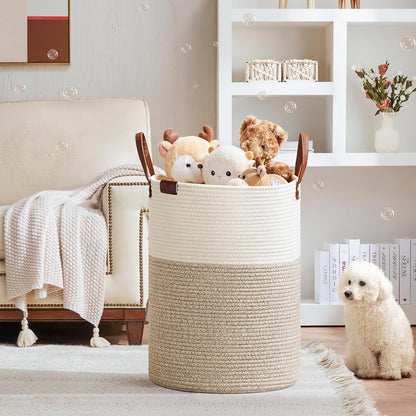 Tall Laundry Basket, Large Dirty Clothes Hamper with Leather Handle, Woven Rope Storage Basket for Blanket, Toy In Living Room, Bathroom, Bedroom - 58L White & Brown