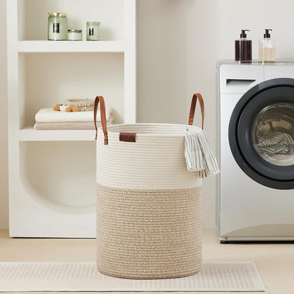 Tall Laundry Basket, Large Dirty Clothes Hamper with Leather Handle, Woven Rope Storage Basket for Blanket, Toy In Living Room, Bathroom, Bedroom - 58L White & Brown