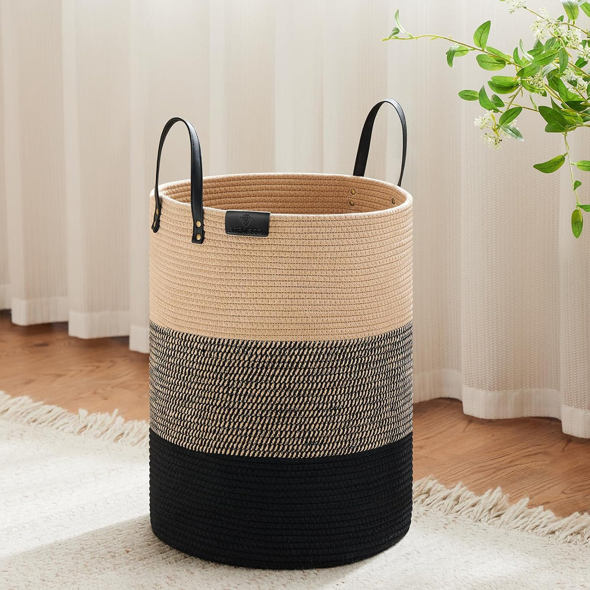 Tall Laundry Basket, Large Dirty Clothes Hamper with Leather Handle, Woven Rope Storage Basket for Blanket, Toy In Living Room, Bathroom, Bedroom - 58L White & Brown