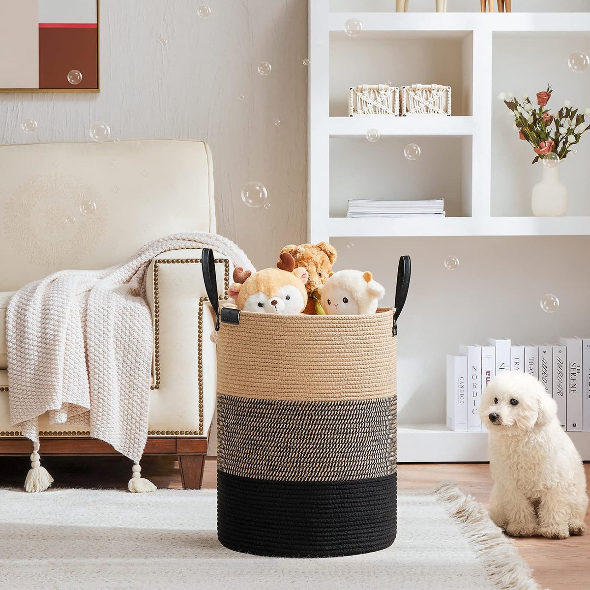 Tall Laundry Basket, Large Dirty Clothes Hamper with Leather Handle, Woven Rope Storage Basket for Blanket, Toy In Living Room, Bathroom, Bedroom - 58L White & Brown