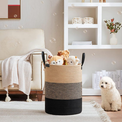 Tall Laundry Basket, Large Dirty Clothes Hamper with Leather Handle, Woven Rope Storage Basket for Blanket, Toy In Living Room, Bathroom, Bedroom - 58L White & Brown