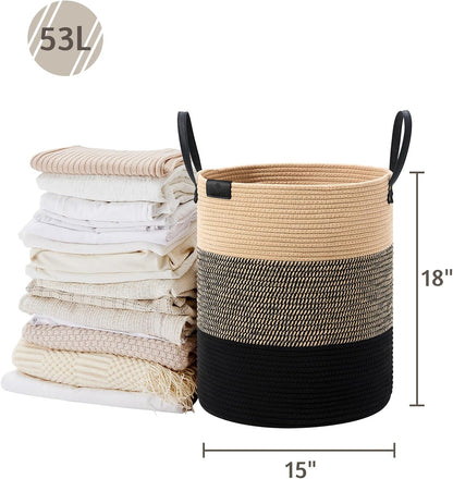 Tall Laundry Basket, Large Dirty Clothes Hamper with Leather Handle, Woven Rope Storage Basket for Blanket, Toy In Living Room, Bathroom, Bedroom - 58L White & Brown
