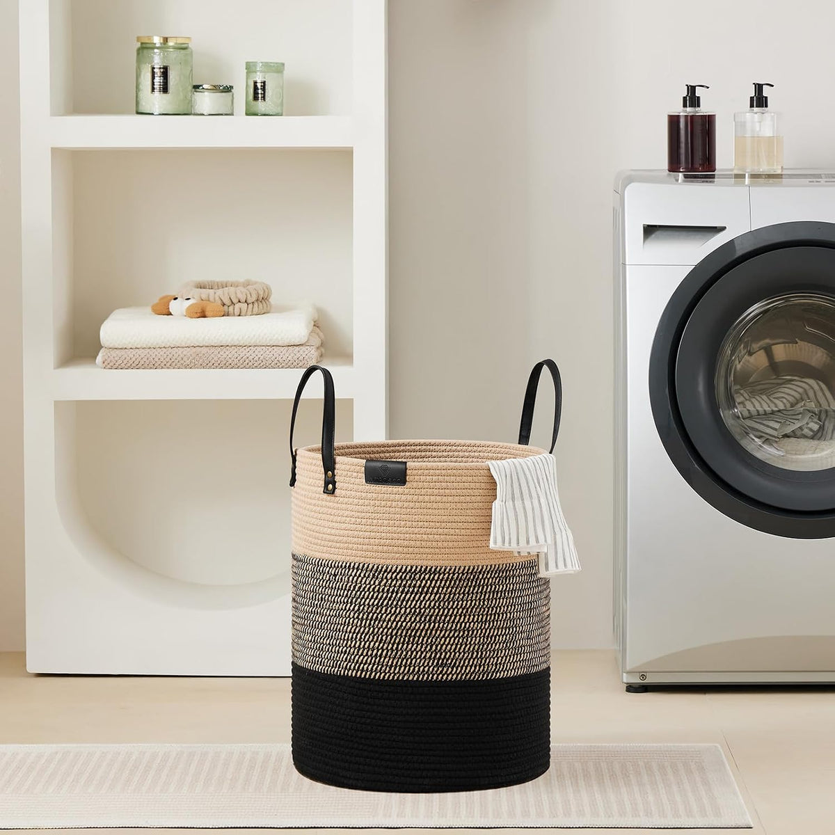 Tall Laundry Basket, Large Dirty Clothes Hamper with Leather Handle, Woven Rope Storage Basket for Blanket, Toy In Living Room, Bathroom, Bedroom - 58L White & Brown
