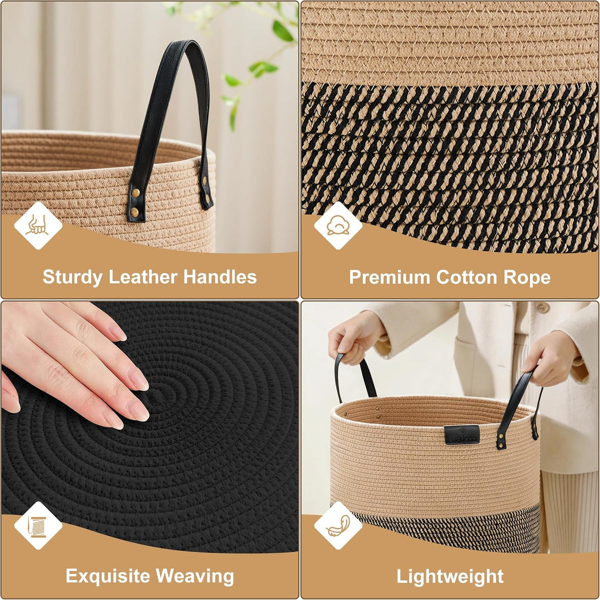 Tall Laundry Basket, Large Dirty Clothes Hamper with Leather Handle, Woven Rope Storage Basket for Blanket, Toy In Living Room, Bathroom, Bedroom - 58L White & Brown