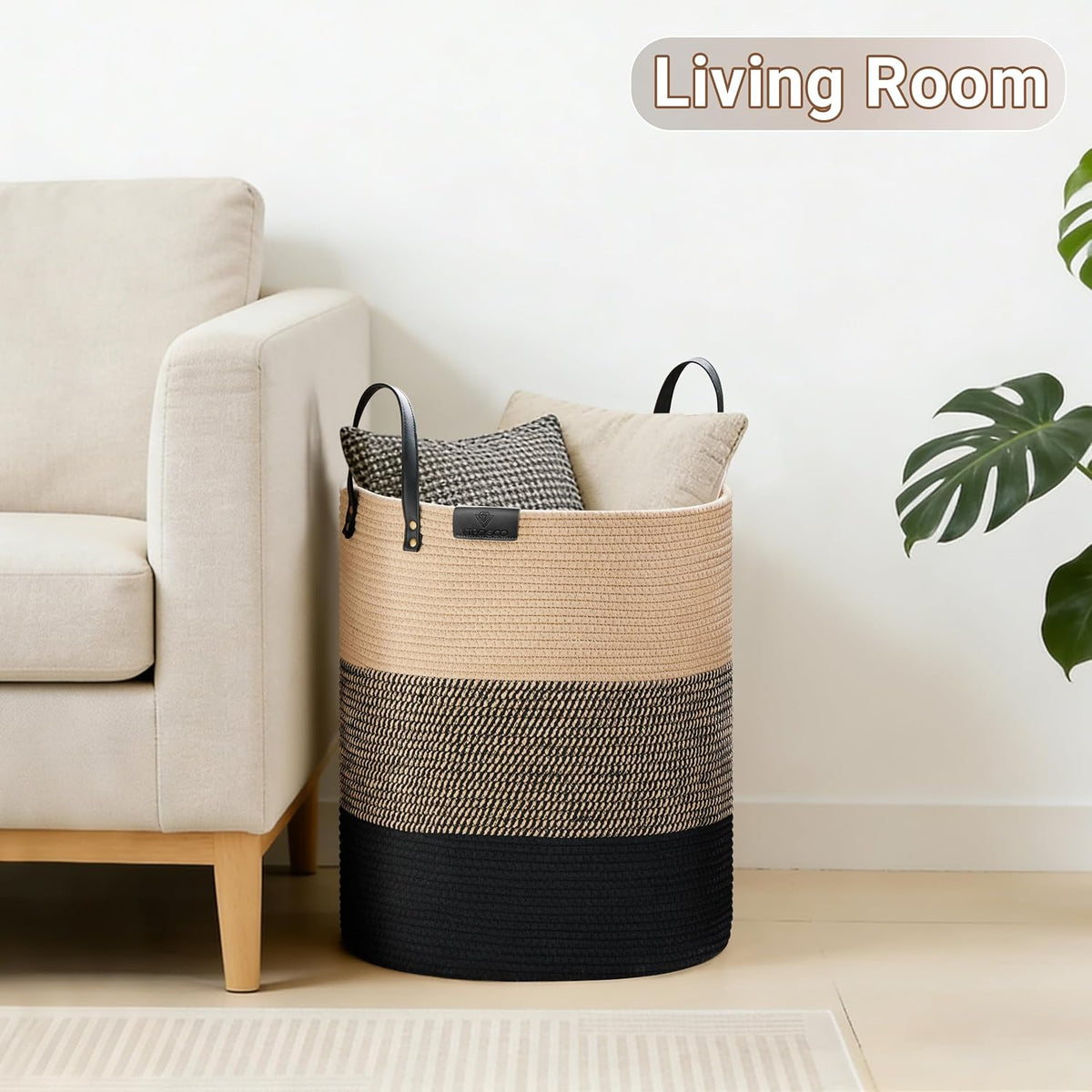 Tall Laundry Basket, Large Dirty Clothes Hamper with Leather Handle, Woven Rope Storage Basket for Blanket, Toy In Living Room, Bathroom, Bedroom - 58L White & Brown